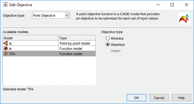 Edit Objective dialog showing dropdown for objective type, description of point objective, table of available models with types, and radio buttons to minimize or maximize.