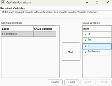 Optimization Wizard dialog box displaying the Required Variables page.