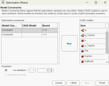 Optimization Wizard dialog box displaying the Model Constraints page.