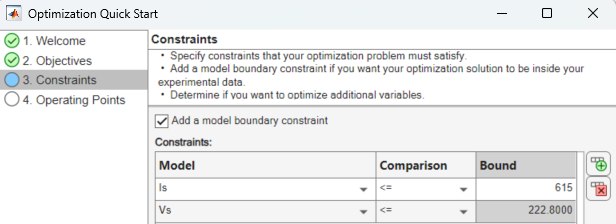 Optimization Quick Start dialog box with constraints defined on the Constraints page.