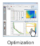 Optimization interface showing tables, contour plot, and performance graph with a hand cursor selecting a point.