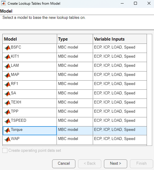Create Lookup Tables from Model dialog box with the Torque model selected.