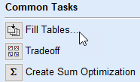 Common Tasks menu showing options: Fill Tables, Tradeoff, and Create Sum Optimization with a cursor on Fill Tables.