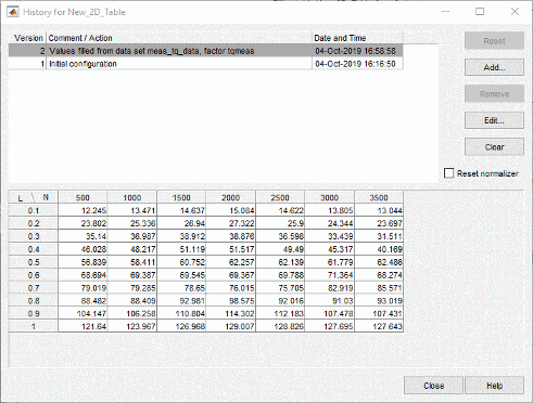 History dialog box with version and comment showing.