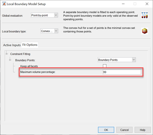 Maximum volume percentage setting in Local Boundary Model Setup dialog box.