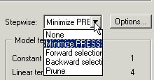 Dropdown menu under ‘Stepwise’ showing options: None, Minimize PRESS, Forward selection, Backward selection, Prune.