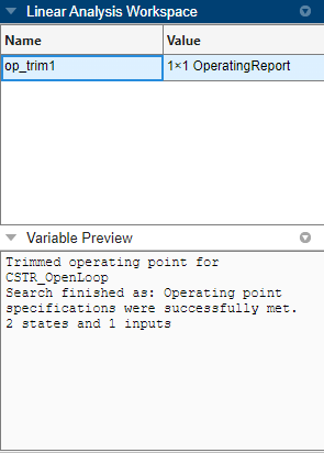 Linear Analysis Workspace section of the Model Linearizer app.