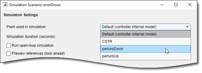 Simulation scenario dialog box. The plant "perturbDown" is selected.