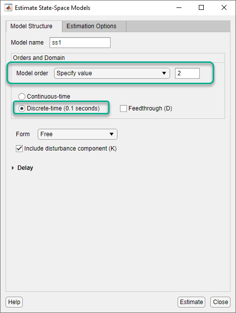 Estimate State-Space Models dialog box.