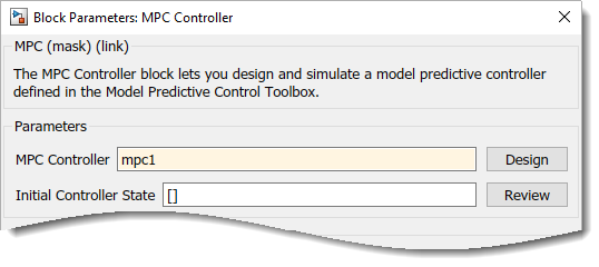 Upper part of the MPC Controlle Block Parameters dialog box.