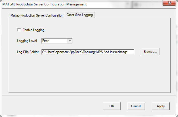 Screen shot of MATLAB Production Server Configuration Management for Client Side Logging.