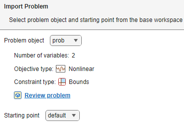 App displaying the number of variables (2), nonlinear objective type, and bound constraints