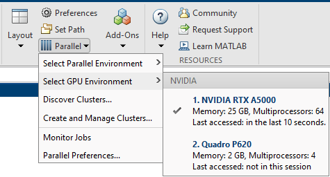 The Parallel menu, including the Select GPU Environment pane showing two GPU devices. A tick next to the first device indicates that it is the selected device.