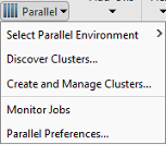 The Parallel menu, including menu entries for selecting parallel environment, discovering clusters, creating and managing clusters, monitoring jobs, and inspecting your parallel preferences.