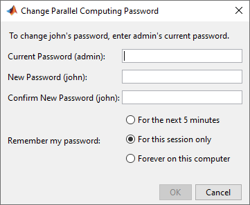The Change Parallel Computing Password window with fields for current password, new password, confirm new password, and options for remembering the password.