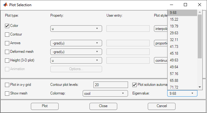 Drop-down menu of eigenvalues