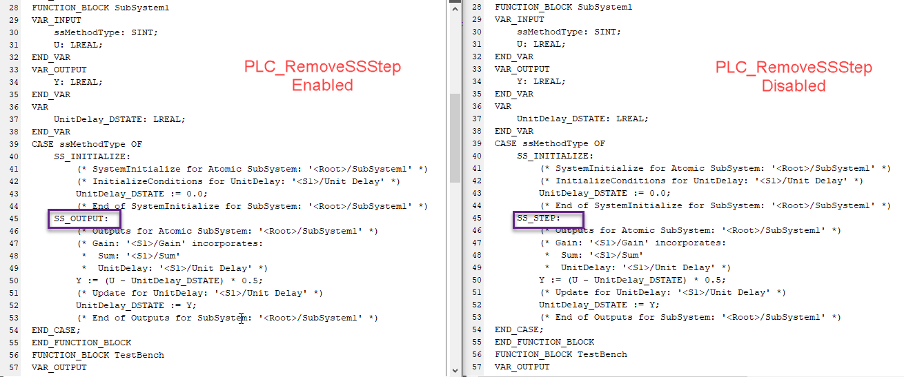 Code generated with PLC_RemoveSSStep enabled is next to code generated with PLC_RemoveSSStep disabled. Code is highlighted to show SS_STEP is not present in the code when PLC_RemoveSSStep is enabled.