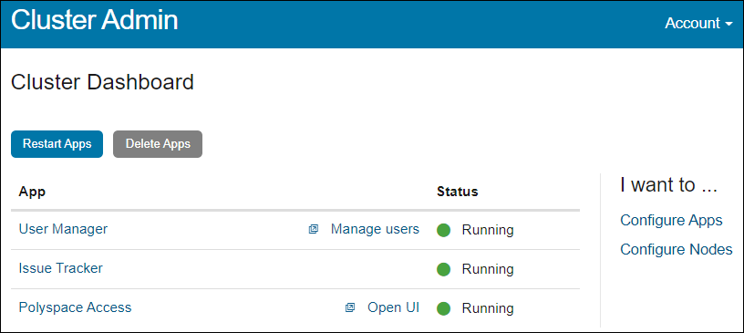 In the Cluster Admin interface, on the Cluster Dashboard window, the Open UI link appears on the Polyspace Access row.