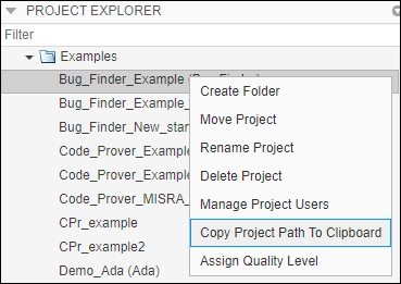 Context menu showing Copy Project Path to Clipboard option