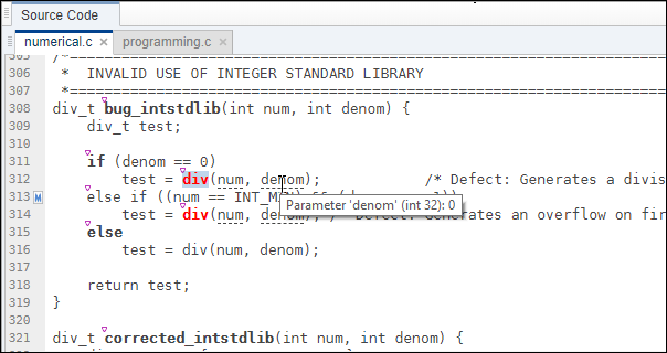 You can hover on underlined source code tokens to see tooltips with more information. Here, hovering on the underlined variable 'denom' shows a tooltip with more information on the variable. The tooltip states that 'denom' is a function parameter with type 'int32' and has the value 0 on the execution path leading to the current defect.