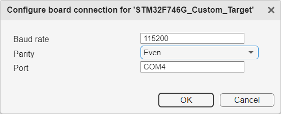 Configure board connection properties such as baud rate, parity and port.