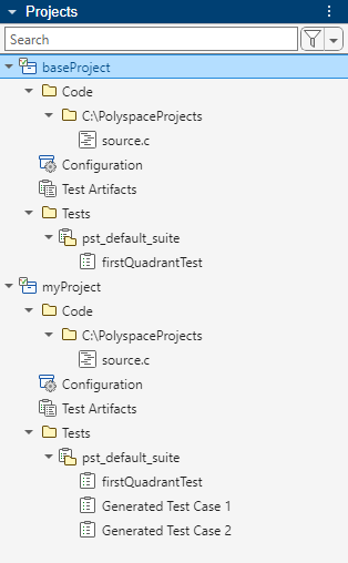 Project tree structure of baseProject and myProject. myProject has two additional test cases.