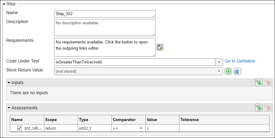 Test case with two steps. Second step performs assessment on global variables.