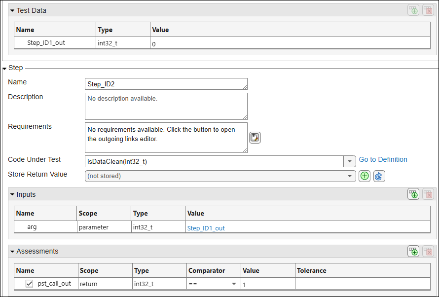 Second step of test case. This step has the function parameter value set to the test data Step_ID1_out created from the function return value in the previous step. The expected value of the return variable pst_call_out is set to 1.
