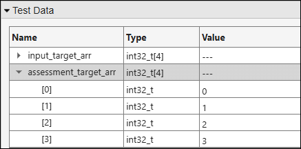 Test Data section of the graphical test. A table shows the values of the assessment_target_arr array.