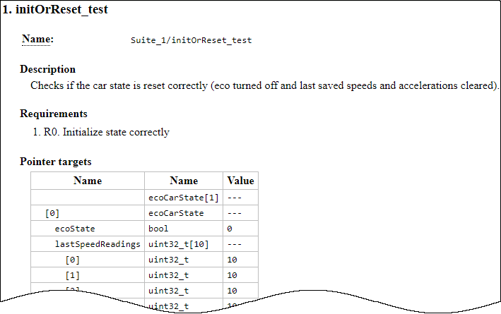 Test specification report showing test name, description, requirements, and so on