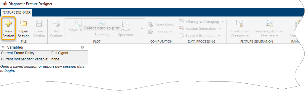 The New Session button is the leftmost item in the Feature Designer tab.