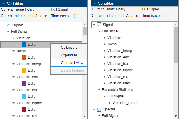 The default expanded variable display is on the left. The Compact view option is the third and last item in the menu to the right of the expanded variables. The resulting compacted view is on the right.