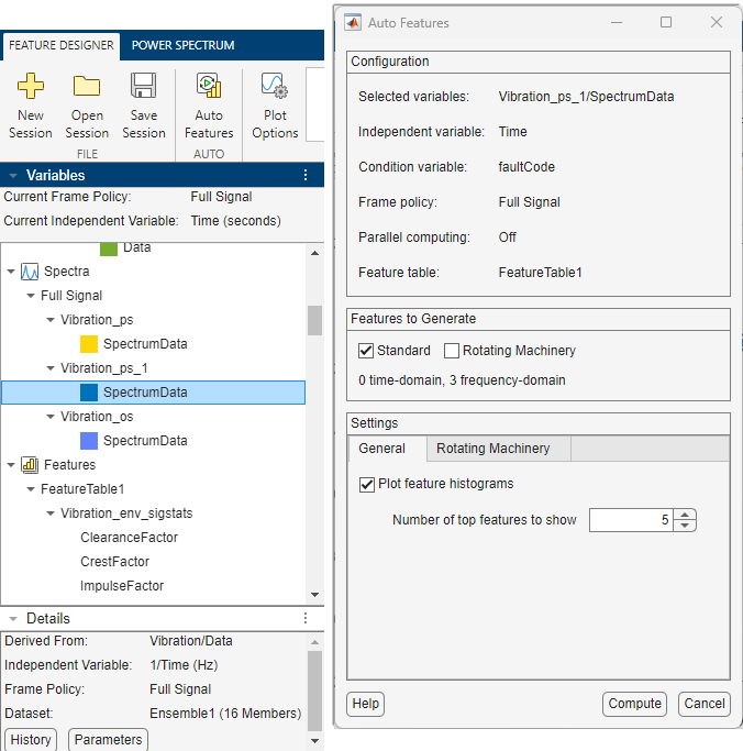 The Variables pane with the selection of the new spectral variable Vibration_ps_1/Spectrum data is on the left. The Auto Features dialog box is on the right.