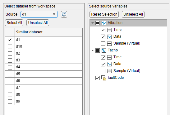 On the left is a list of variables that have similar format to selected variable "d1". On the right is the list of the variables—Vibration, Tacho, and faultCode—within d1.