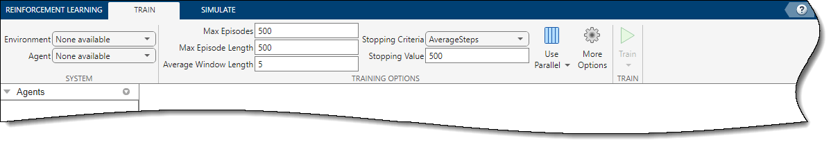 The Train tab, showing example training options.