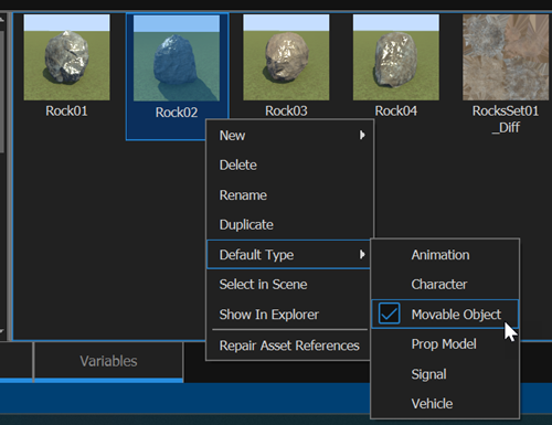 Context menu in the Library Browser converting the default type of an asset from prop model to movable object actor.
