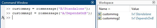 Custommsg and custommsg2 as viewed in MATLAB command window and workspace.