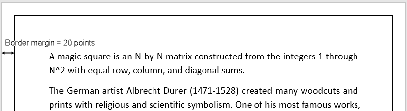 Arrow showing a 20-point border margin stretches between the page border and the page edge.