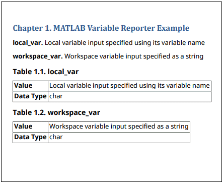 Sample report detailing MATLAB variables local_var and workspace_var