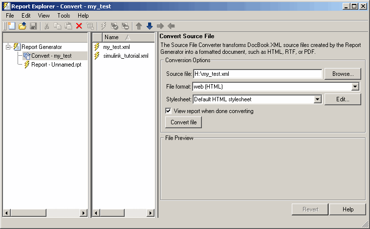 Report Explorer with XML files displaying in the Options pane in the middle