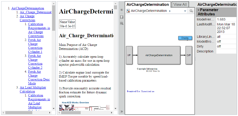 Control system calibration guide. Table of contents appears in the left pane, calibration guide contents display in the middle pane, and the Simulink model diagram with parameter attributes appear in the right pane.