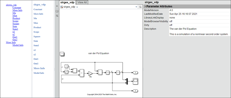 Embedded web view report of the slrgex_vdp model. The left pane contains the table of contents. The middle pane contains the diagrams and blocks in the model. The third pane contains the embedded Web View.