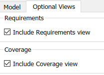 Optional Views tab with "Include Requirements view" and "Include Coverage view" selected