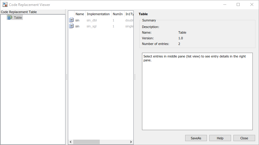 Code replacement viewer showing the table crl_table_sinfcn.