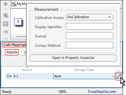 Code Mappings editor is open with the Inports tab selected. The mouse cursor is clicking on the pencil button to the right of the single entry in the Inports table. A dialog box with title Measurements is open above the pencil button. The dialog box has four labels with User Input controls next to each of the labels. The labels are "Calibration Access" with a drop list showing NoCalibration next to it, "Display Identifier" with an empty text box next to it, "Format" with an empty text box next to it, and "Compu Method" with an empty text box next to it. In the bottom of the dialog box there is a push button labeled "Open in Property Inspector".