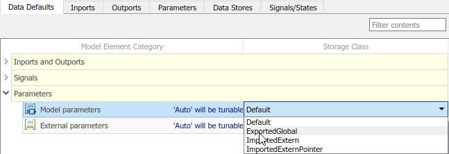 Code Mappings editor with Data Defaults tab selected, Parameters tree node expanded, and storage class for Model parameters set to ExportedGlobal.