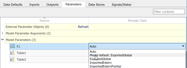 Code Mappings editor with Parameters tab selected, parameters K1, Table1, and Table2 selected, and storage class being set to Model default: ExportedGlobal.