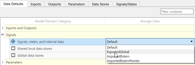 Code Mappings editor with Data Defaults tab selected, Signals tree node expanded, and storage class for Signals, states, and internal data set to ExportedGlobal.