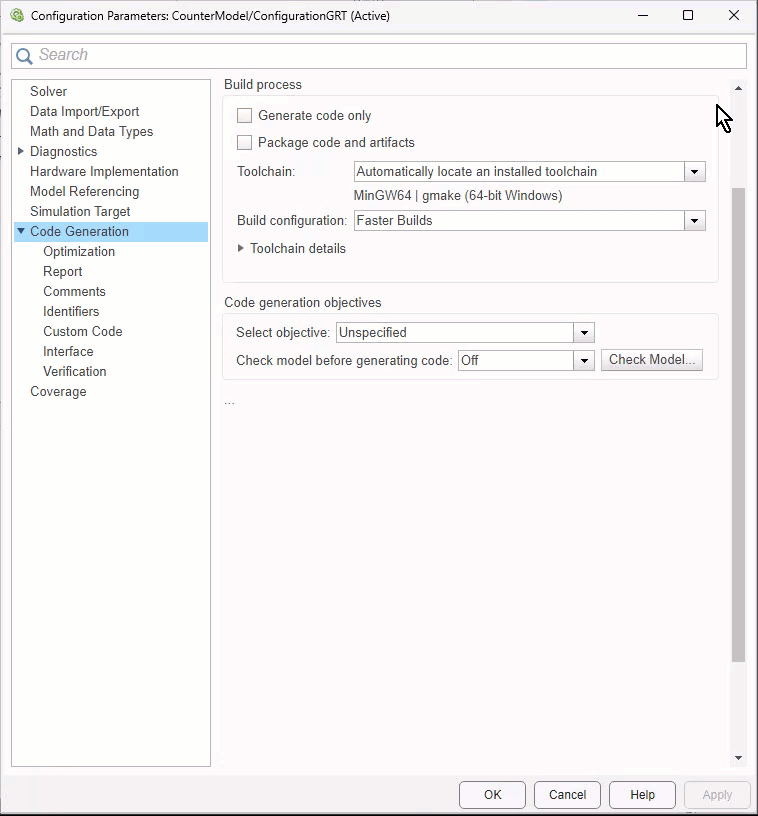 Configuration Parameters dialog box. The Parameter Package code and artifacts is selected and a filename is specified for Zip file name.