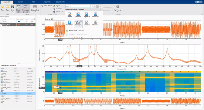 Signal Analyzer app resampling a region of a signal